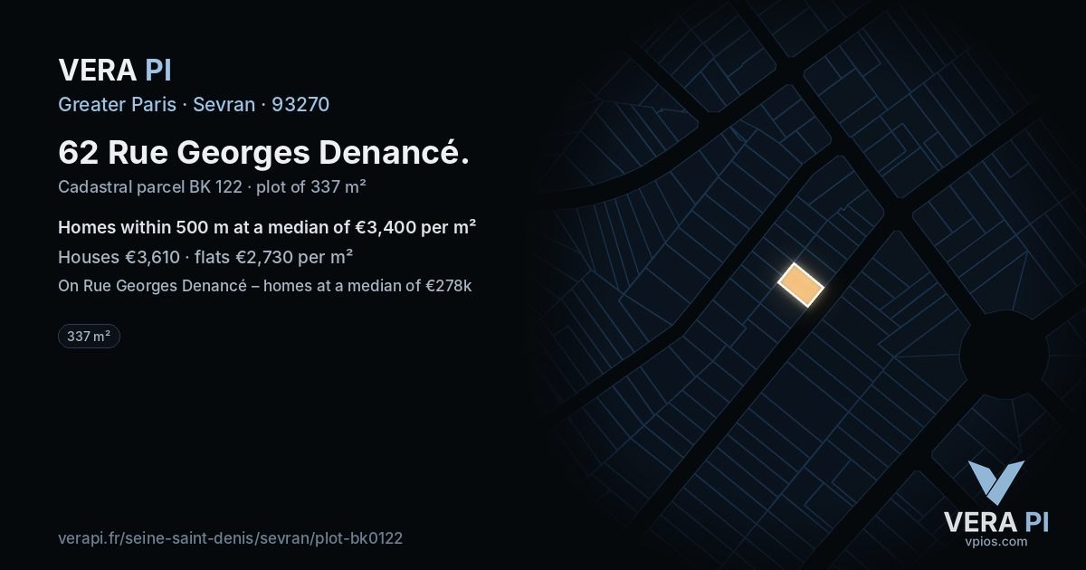 62 Rue Georges Denancé, Sevran at night – the plot lit, the parcels around coloured by the prices near them