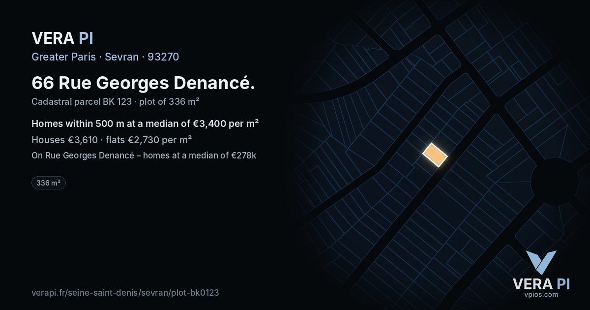 66 Rue Georges Denancé, Sevran at night – the plot lit, the parcels around coloured by the prices near them