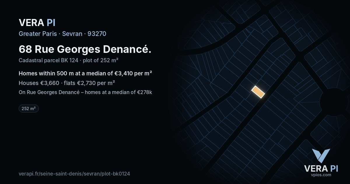 68 Rue Georges Denancé, Sevran at night – the plot lit, the parcels around coloured by the prices near them