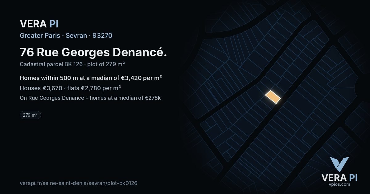 76 Rue Georges Denancé, Sevran at night – the plot lit, the parcels around coloured by the prices near them