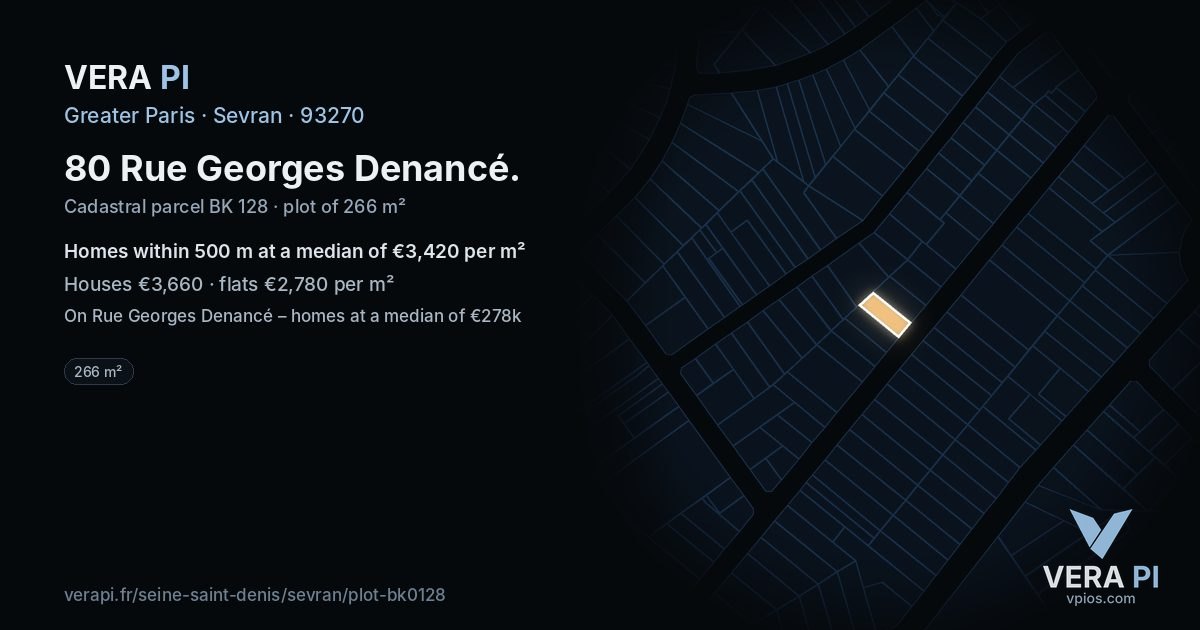 80 Rue Georges Denancé, Sevran at night – the plot lit, the parcels around coloured by the prices near them