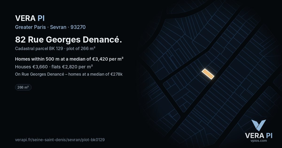 82 Rue Georges Denancé, Sevran at night – the plot lit, the parcels around coloured by the prices near them
