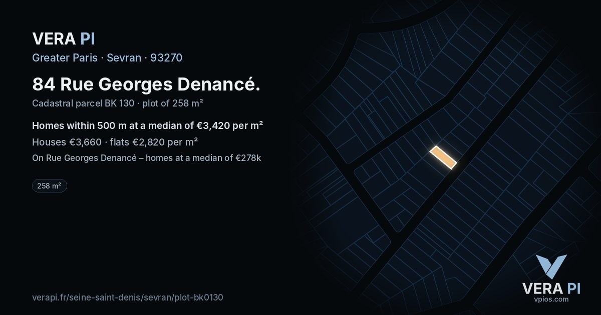 84 Rue Georges Denancé, Sevran at night – the plot lit, the parcels around coloured by the prices near them