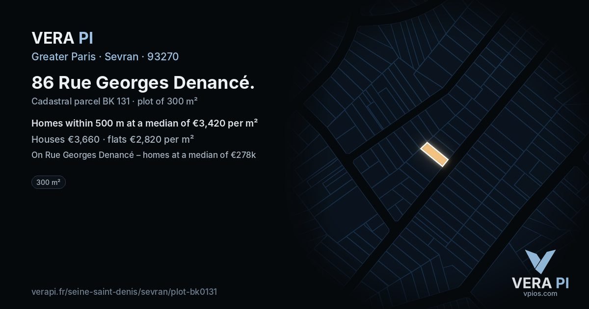 86 Rue Georges Denancé, Sevran at night – the plot lit, the parcels around coloured by the prices near them