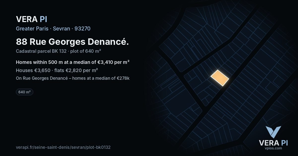 88 Rue Georges Denancé, Sevran at night – the plot lit, the parcels around coloured by the prices near them