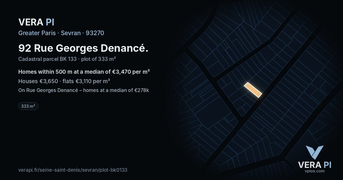 92 Rue Georges Denancé, Sevran at night – the plot lit, the parcels around coloured by the prices near them