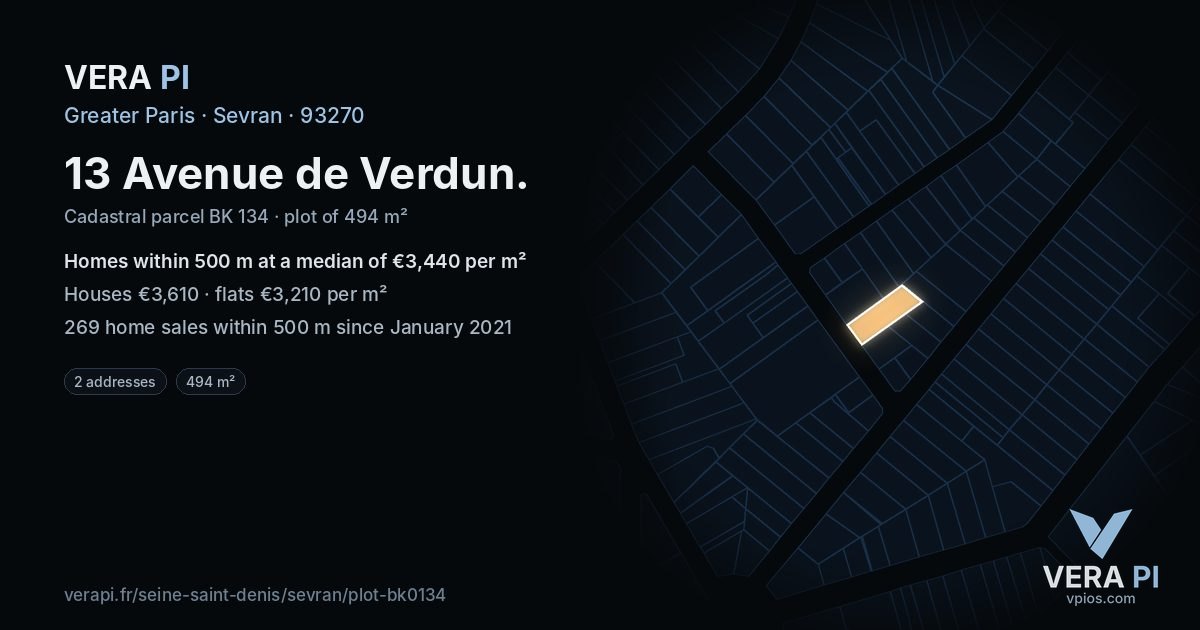 13 Avenue de Verdun, Sevran at night – the plot lit, the parcels around coloured by the prices near them