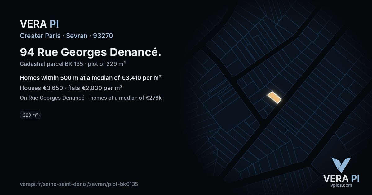 94 Rue Georges Denancé, Sevran at night – the plot lit, the parcels around coloured by the prices near them