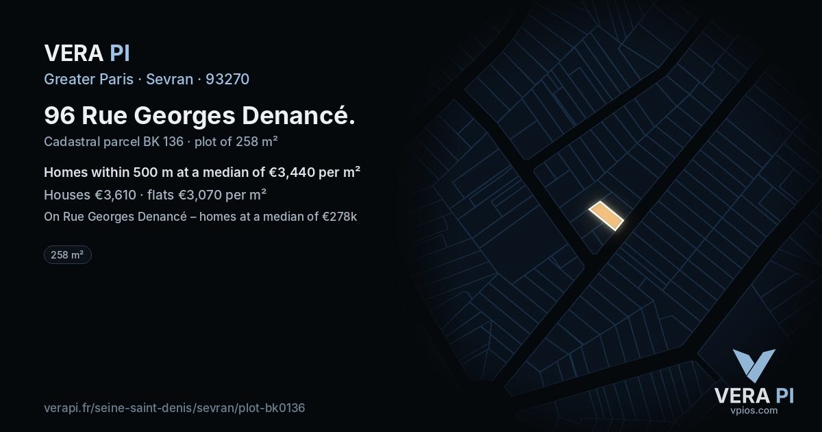 96 Rue Georges Denancé, Sevran at night – the plot lit, the parcels around coloured by the prices near them