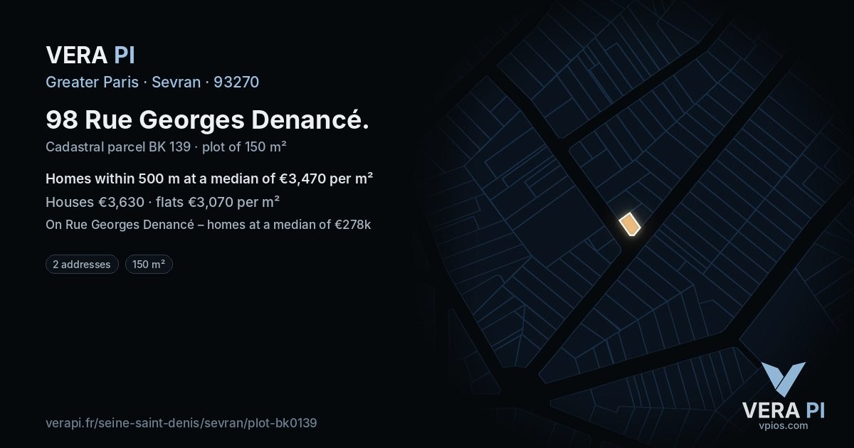 98 Rue Georges Denancé, Sevran at night – the plot lit, the parcels around coloured by the prices near them