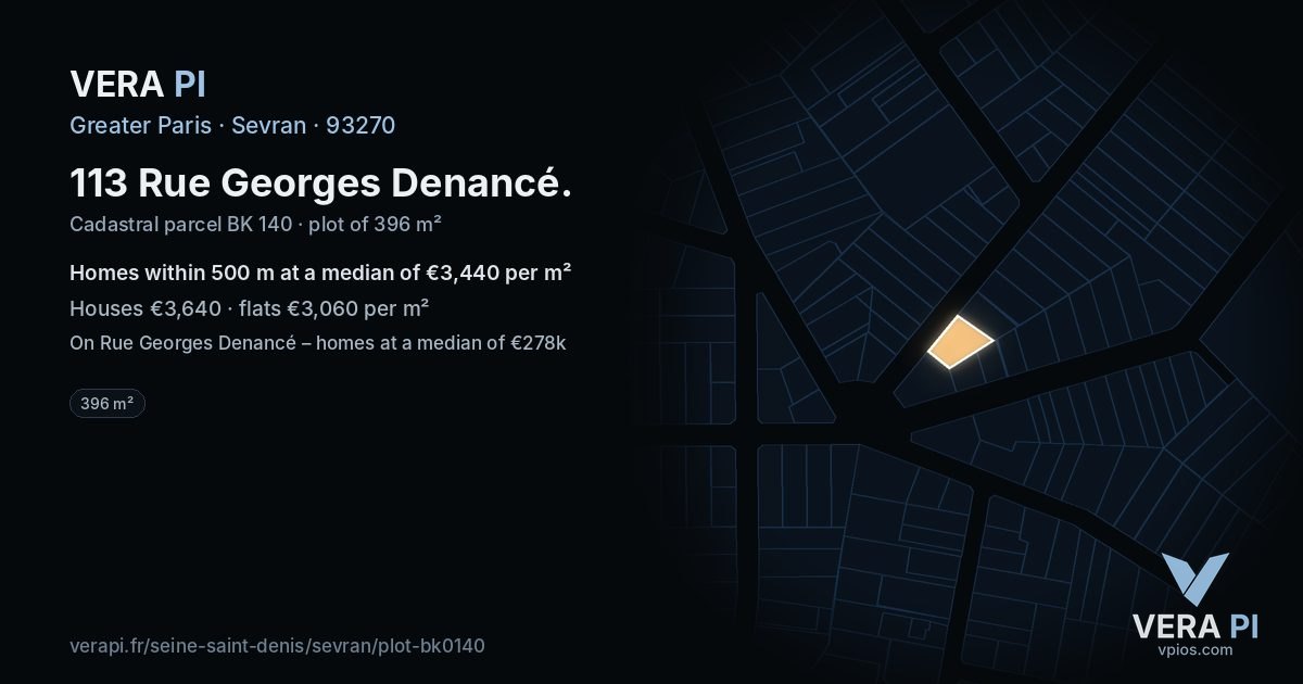 113 Rue Georges Denancé, Sevran at night – the plot lit, the parcels around coloured by the prices near them