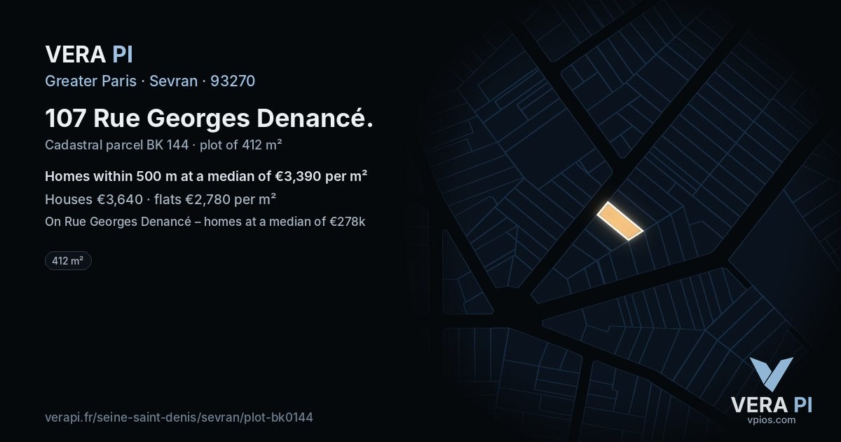 107 Rue Georges Denancé, Sevran at night – the plot lit, the parcels around coloured by the prices near them