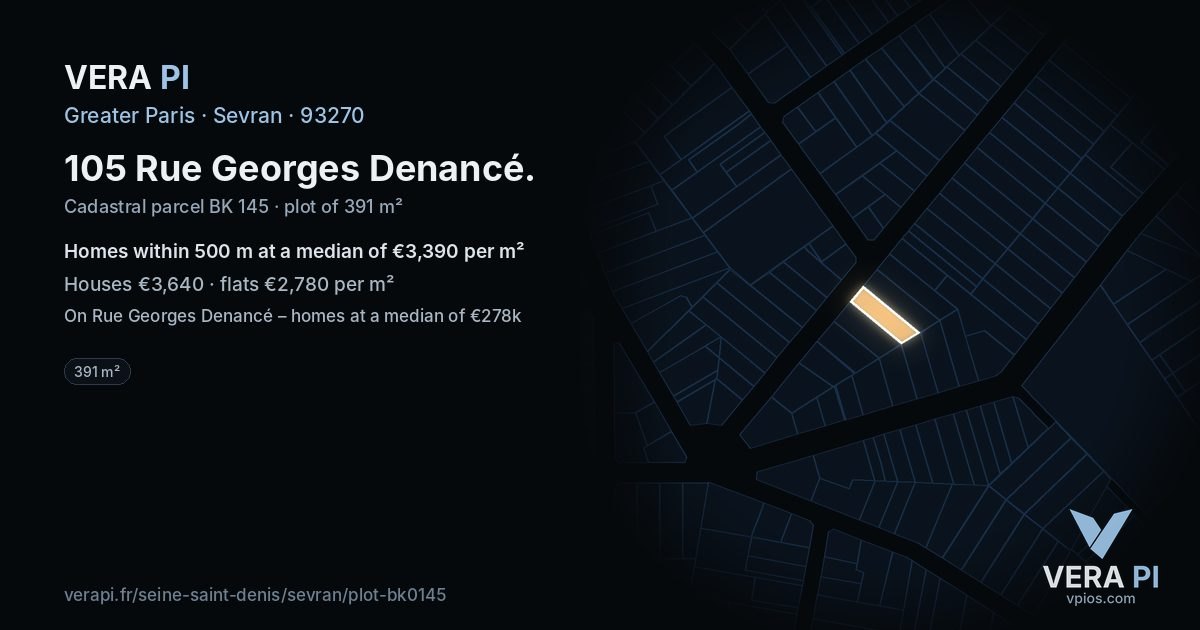 105 Rue Georges Denancé, Sevran at night – the plot lit, the parcels around coloured by the prices near them