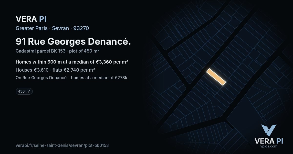 91 Rue Georges Denancé, Sevran at night – the plot lit, the parcels around coloured by the prices near them
