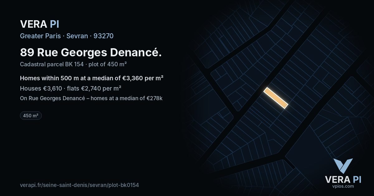 89 Rue Georges Denancé, Sevran at night – the plot lit, the parcels around coloured by the prices near them