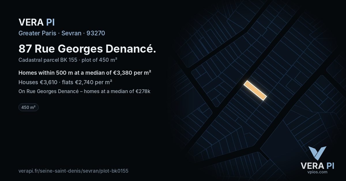 87 Rue Georges Denancé, Sevran at night – the plot lit, the parcels around coloured by the prices near them