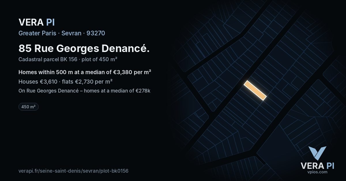 85 Rue Georges Denancé, Sevran at night – the plot lit, the parcels around coloured by the prices near them