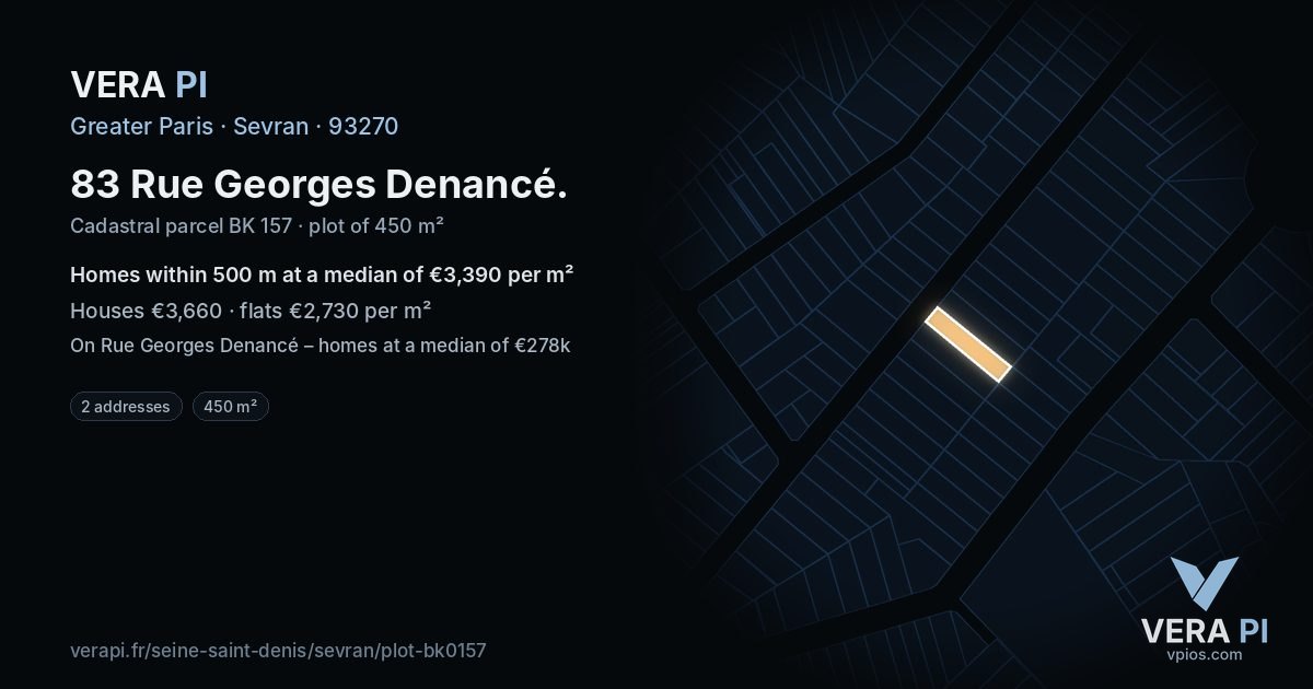 83 Rue Georges Denancé, Sevran at night – the plot lit, the parcels around coloured by the prices near them
