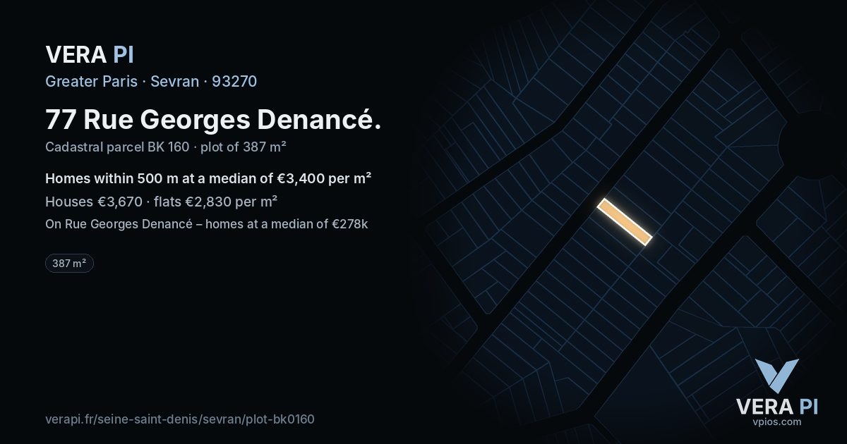 77 Rue Georges Denancé, Sevran at night – the plot lit, the parcels around coloured by the prices near them