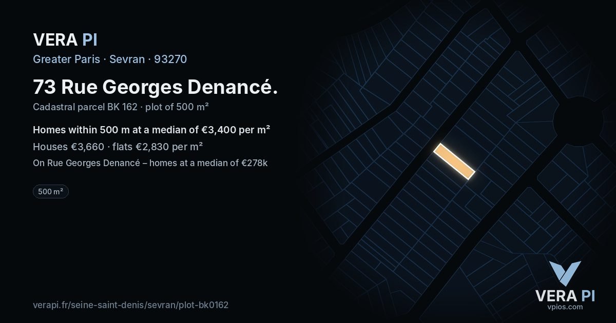 73 Rue Georges Denancé, Sevran at night – the plot lit, the parcels around coloured by the prices near them