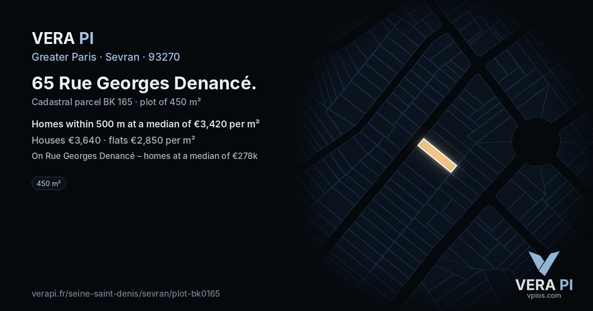 65 Rue Georges Denancé, Sevran at night – the plot lit, the parcels around coloured by the prices near them