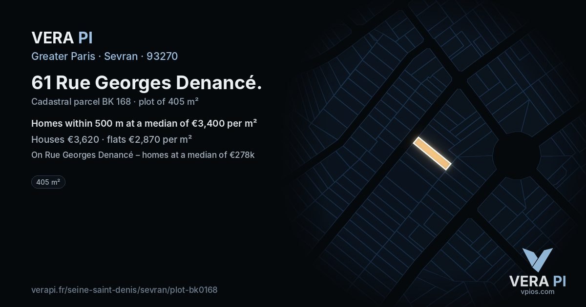 61 Rue Georges Denancé, Sevran at night – the plot lit, the parcels around coloured by the prices near them