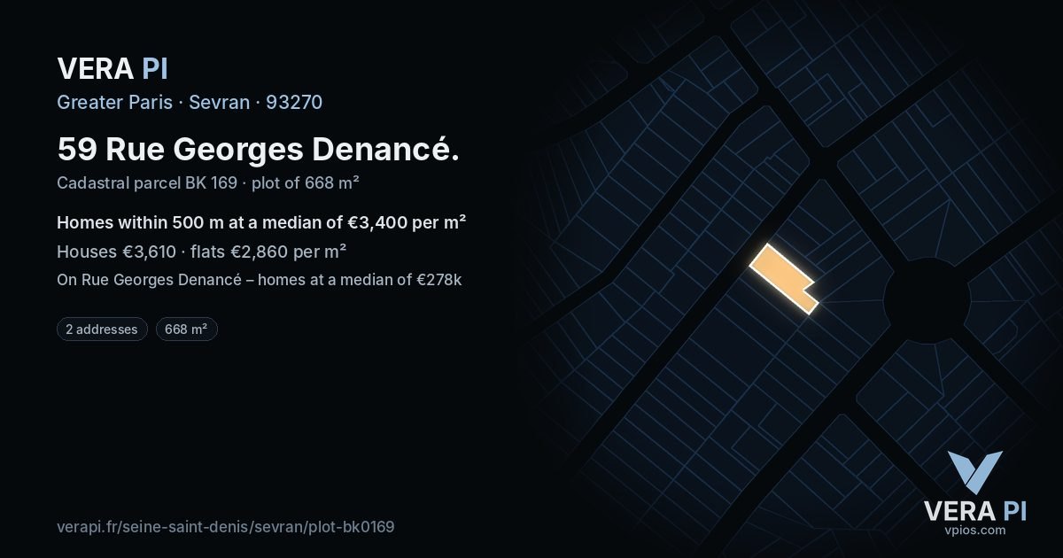 59 Rue Georges Denancé, Sevran at night – the plot lit, the parcels around coloured by the prices near them