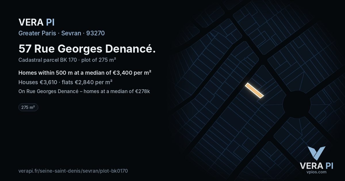 57 Rue Georges Denancé, Sevran at night – the plot lit, the parcels around coloured by the prices near them