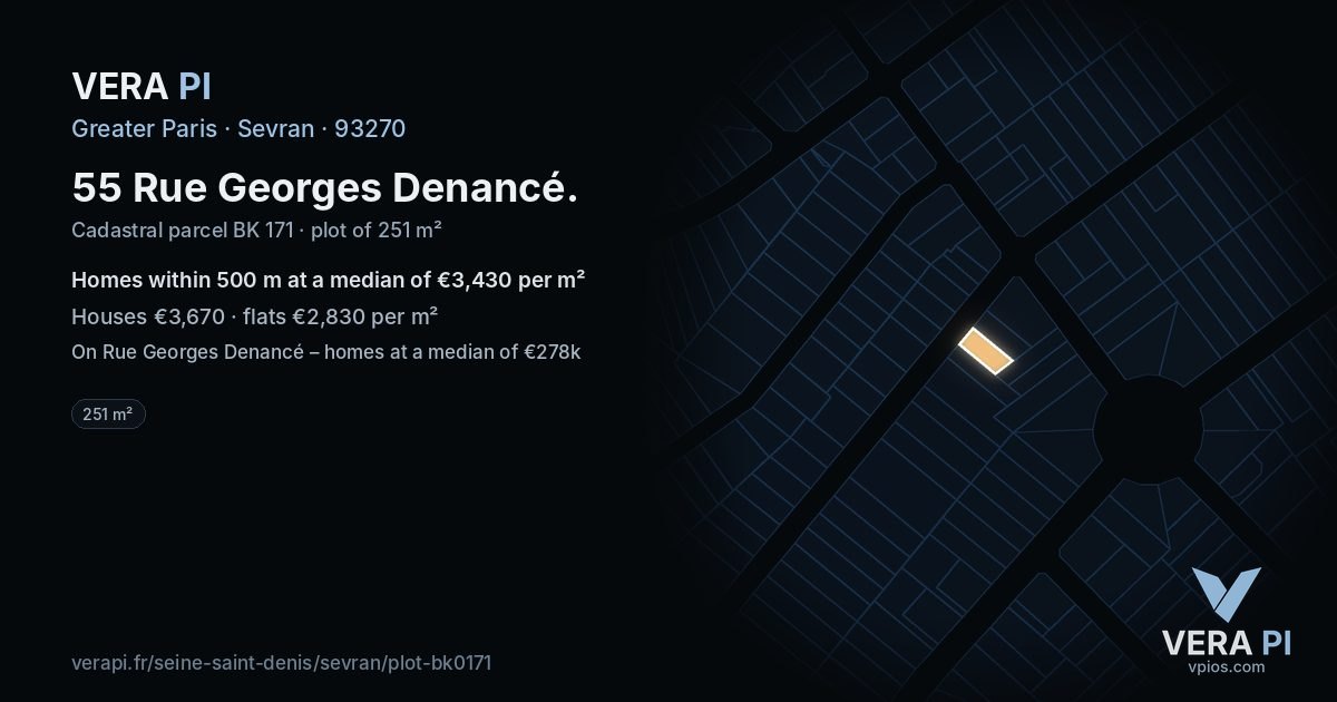 55 Rue Georges Denancé, Sevran at night – the plot lit, the parcels around coloured by the prices near them