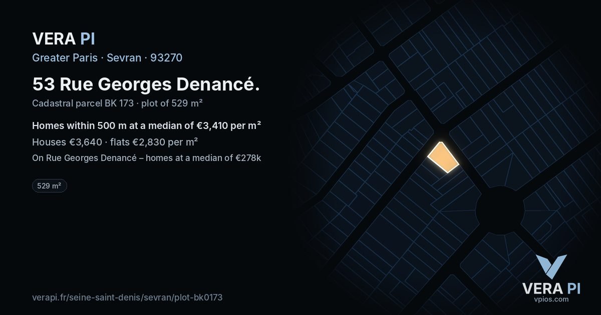 53 Rue Georges Denancé, Sevran at night – the plot lit, the parcels around coloured by the prices near them