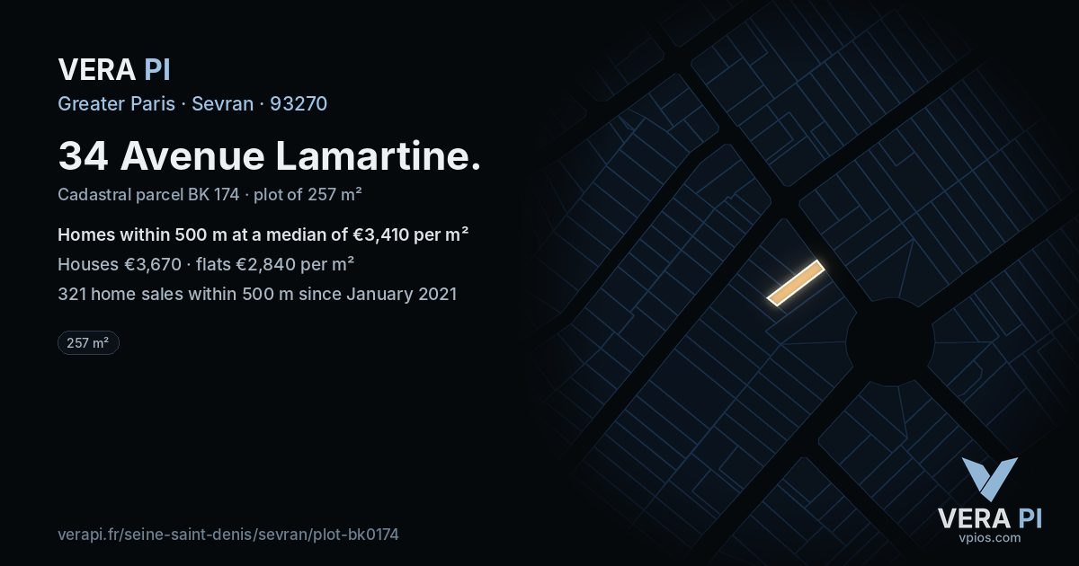 34 Avenue Lamartine, Sevran at night – the plot lit, the parcels around coloured by the prices near them