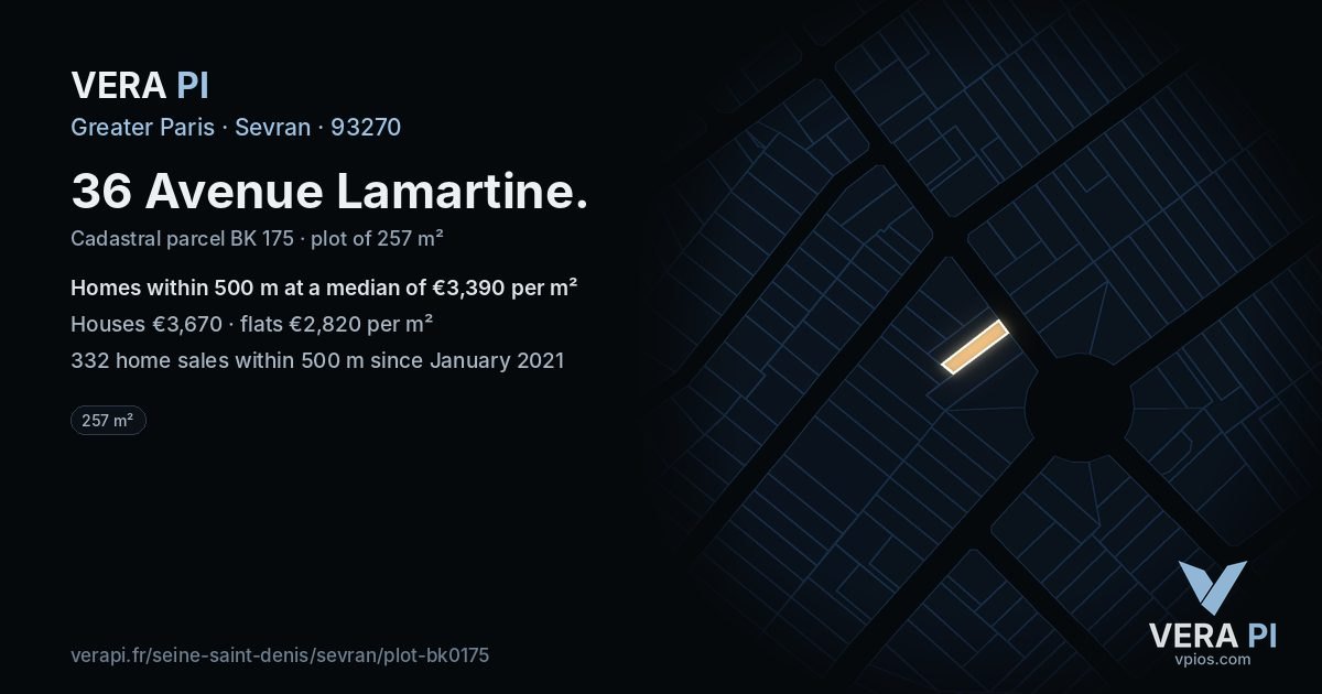 36 Avenue Lamartine, Sevran at night – the plot lit, the parcels around coloured by the prices near them