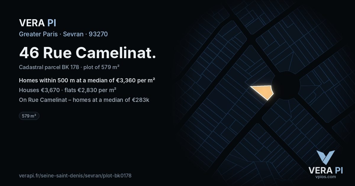 46 Rue Camelinat, Sevran at night – the plot lit, the parcels around coloured by the prices near them