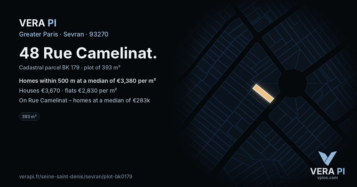 48 Rue Camelinat, Sevran at night – the plot lit, the parcels around coloured by the prices near them