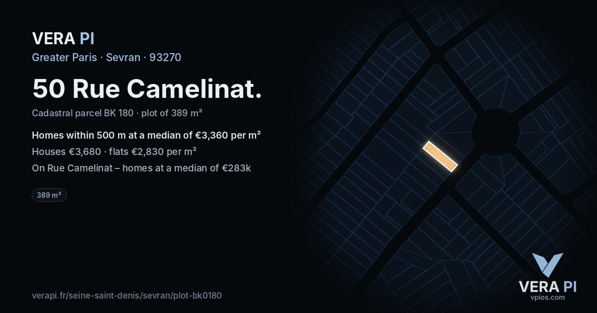 50 Rue Camelinat, Sevran at night – the plot lit, the parcels around coloured by the prices near them