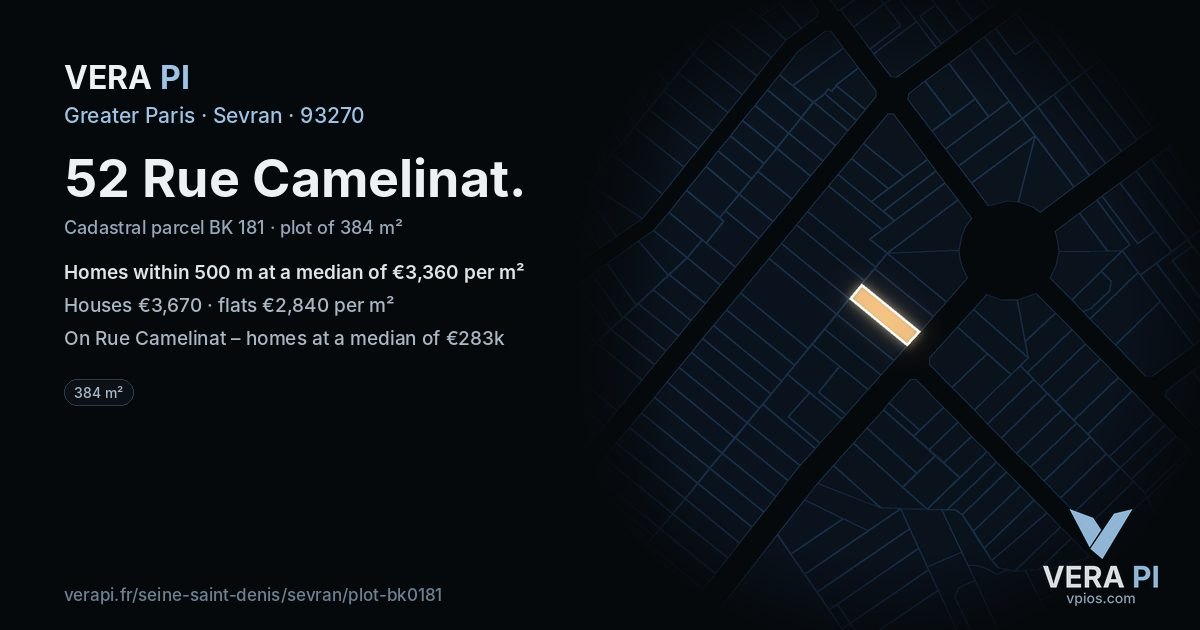 52 Rue Camelinat, Sevran at night – the plot lit, the parcels around coloured by the prices near them