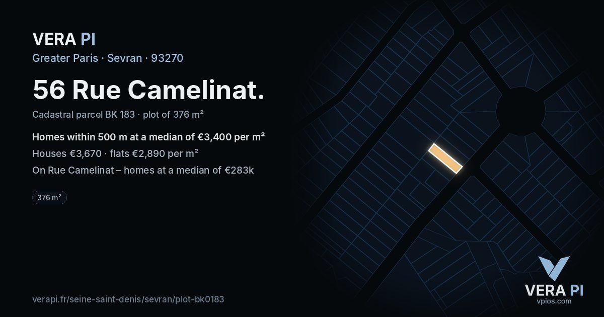 56 Rue Camelinat, Sevran at night – the plot lit, the parcels around coloured by the prices near them
