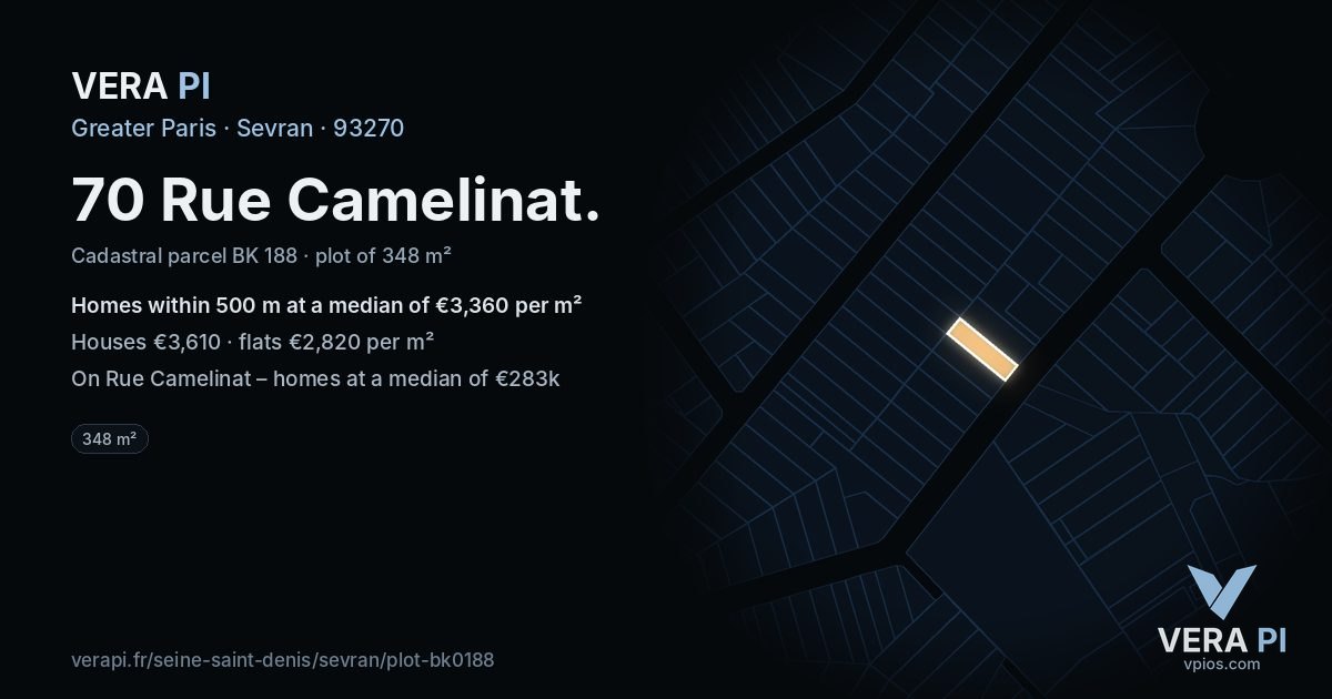 70 Rue Camelinat, Sevran at night – the plot lit, the parcels around coloured by the prices near them