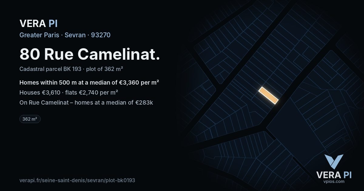 80 Rue Camelinat, Sevran at night – the plot lit, the parcels around coloured by the prices near them