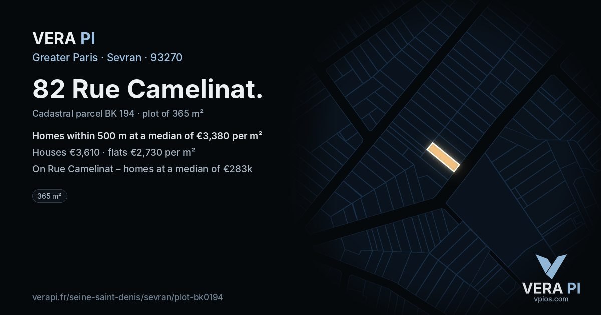 82 Rue Camelinat, Sevran at night – the plot lit, the parcels around coloured by the prices near them