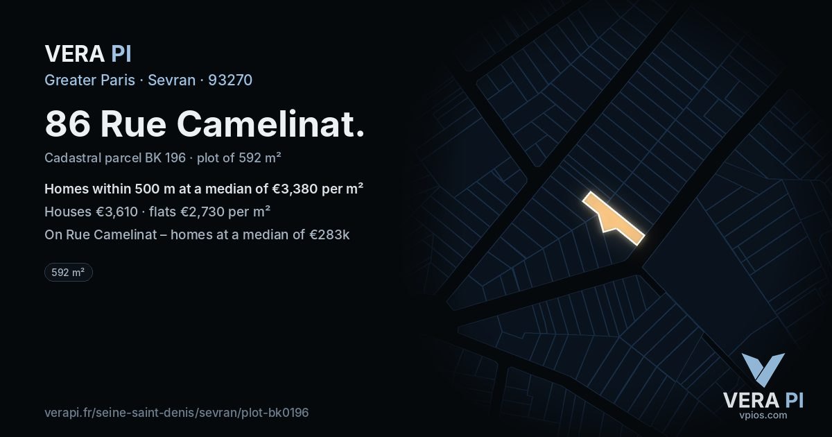 86 Rue Camelinat, Sevran at night – the plot lit, the parcels around coloured by the prices near them