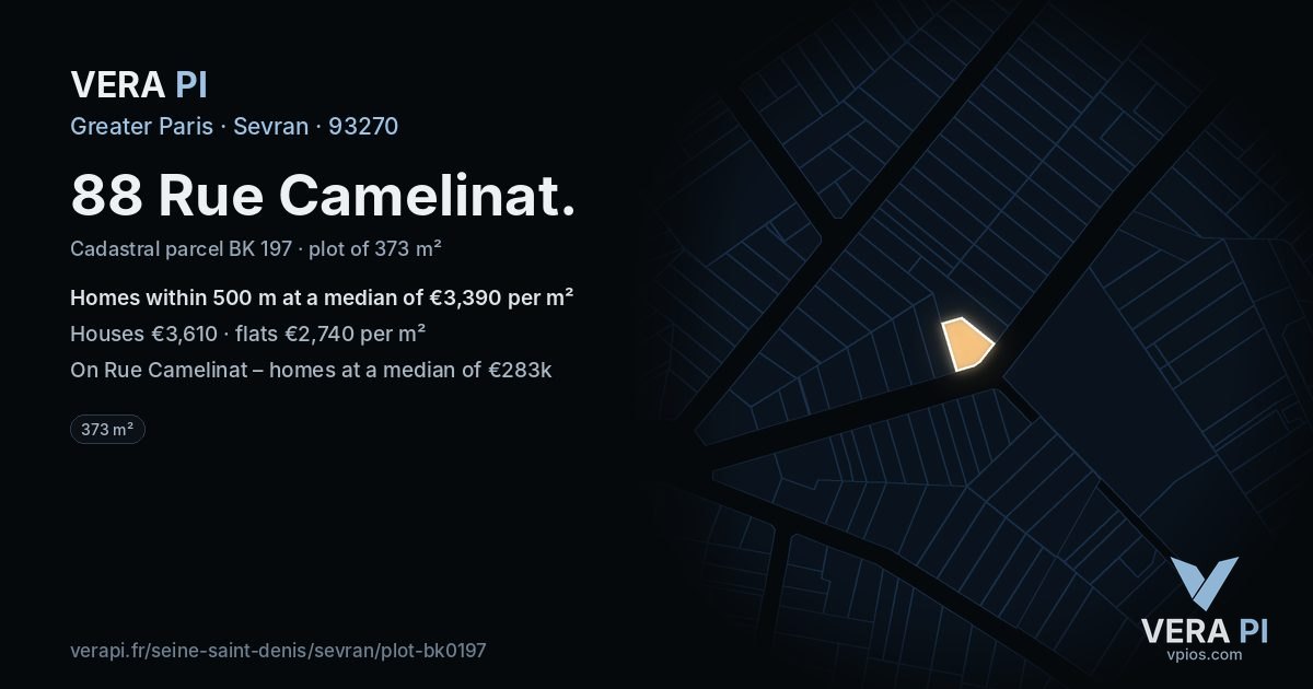 88 Rue Camelinat, Sevran at night – the plot lit, the parcels around coloured by the prices near them
