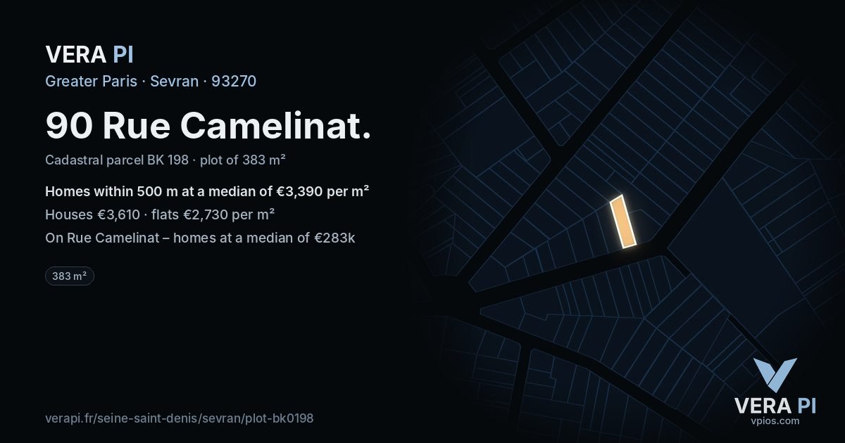 90 Rue Camelinat, Sevran at night – the plot lit, the parcels around coloured by the prices near them