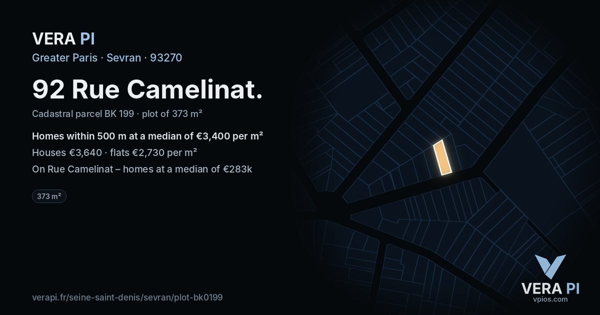 92 Rue Camelinat, Sevran at night – the plot lit, the parcels around coloured by the prices near them