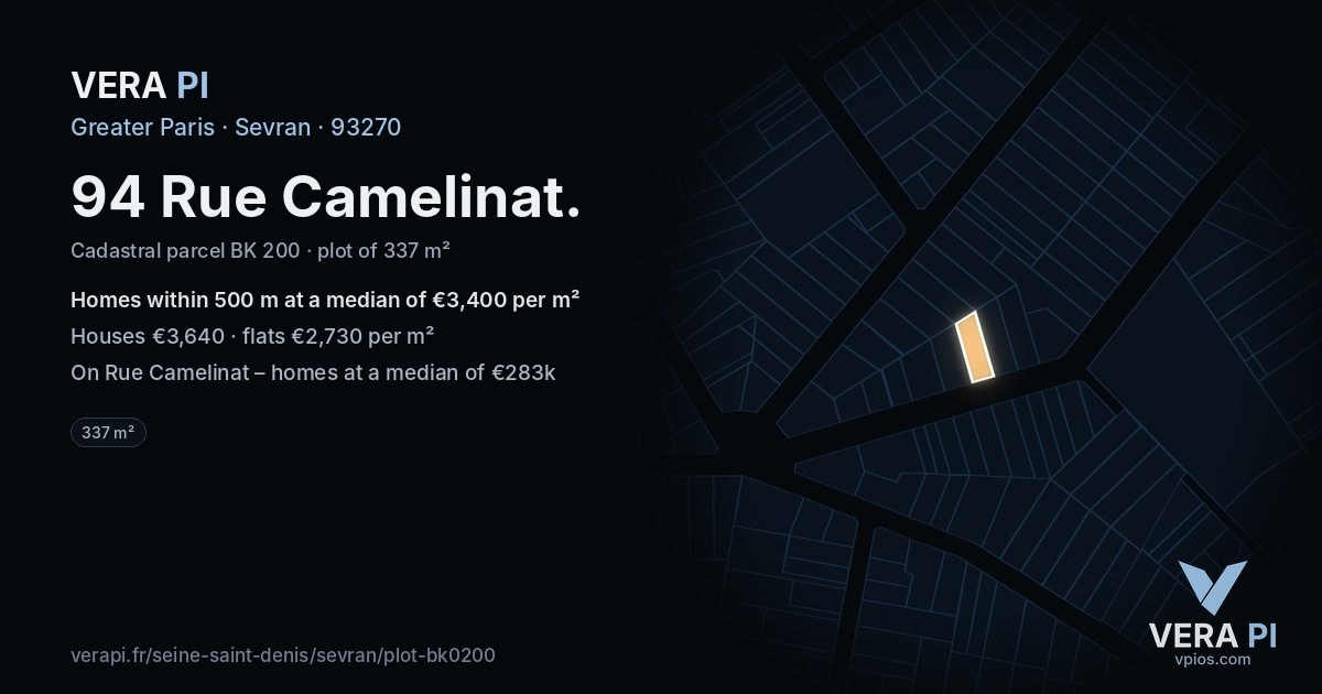 94 Rue Camelinat, Sevran at night – the plot lit, the parcels around coloured by the prices near them