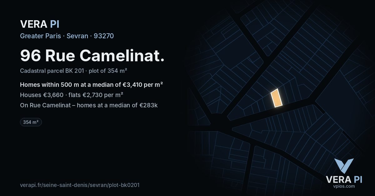 96 Rue Camelinat, Sevran at night – the plot lit, the parcels around coloured by the prices near them