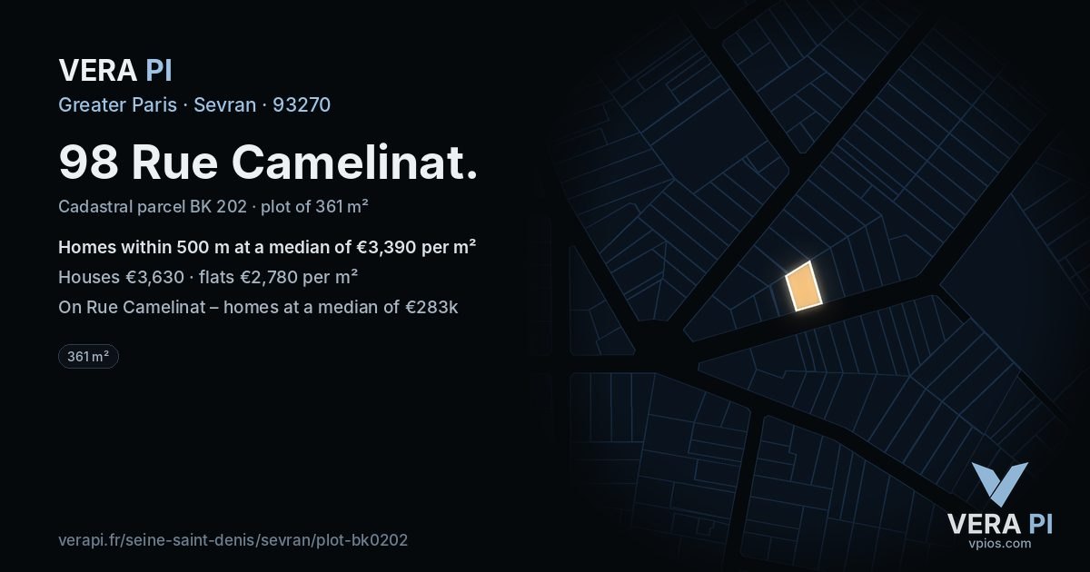 98 Rue Camelinat, Sevran at night – the plot lit, the parcels around coloured by the prices near them