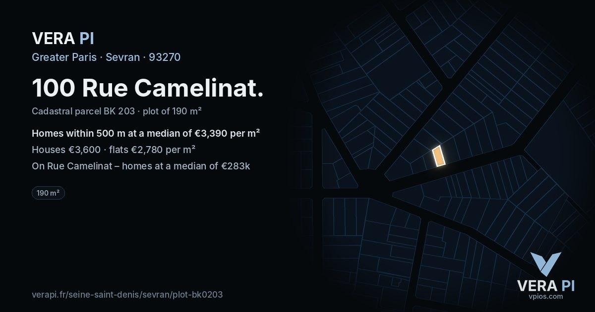 100 Rue Camelinat, Sevran at night – the plot lit, the parcels around coloured by the prices near them