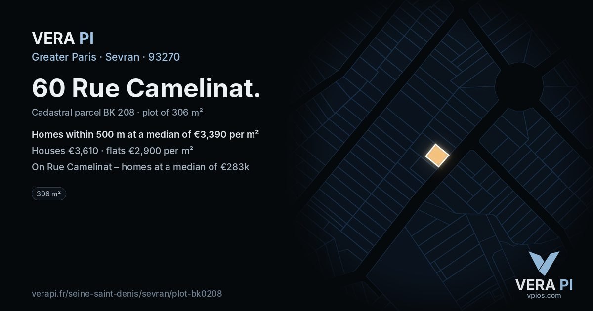 60 Rue Camelinat, Sevran at night – the plot lit, the parcels around coloured by the prices near them