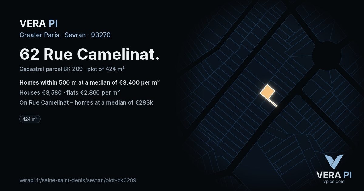 62 Rue Camelinat, Sevran at night – the plot lit, the parcels around coloured by the prices near them